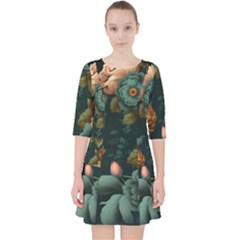 Floral Flower Blossom Turquoise Quarter Sleeve Pocket Dress by Ravend