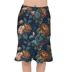 Floral Flower Blossom Turquoise Short Mermaid Skirt by Ravend