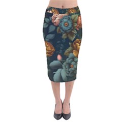 Floral Flower Blossom Turquoise Velvet Midi Pencil Skirt by Ravend