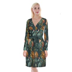 Floral Flower Blossom Turquoise Long Sleeve Velvet Front Wrap Dress by Ravend