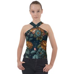 Floral Flower Blossom Turquoise Cross Neck Velour Top by Ravend