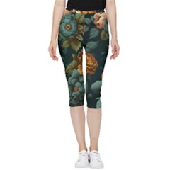 Floral Flower Blossom Turquoise Inside Out Lightweight Velour Capri Leggings  by Ravend