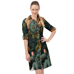 Floral Flower Blossom Turquoise Long Sleeve Mini Shirt Dress by Ravend