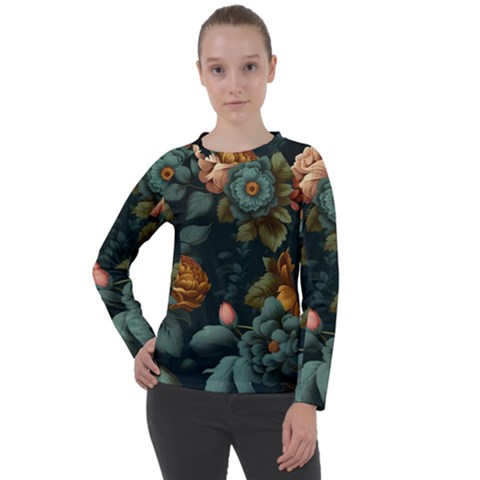 Floral Flower Blossom Turquoise Women s Long Sleeve Raglan Tee by Ravend