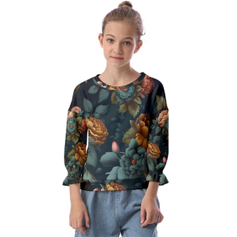 Floral Flower Blossom Turquoise Kids  Cuff Sleeve Top by Ravend