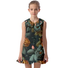 Floral Flower Blossom Turquoise Kids  Pilgrim Collar Ruffle Hem Dress by Ravend