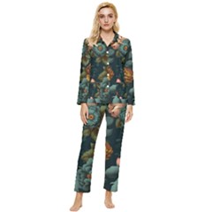 Floral Flower Blossom Turquoise Womens  Long Sleeve Velvet Pocket Pajamas Set by Ravend