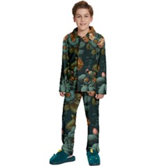 Floral Flower Blossom Turquoise Kids  Long Sleeve Velvet Pajamas Set by Ravend