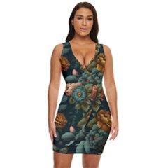 Floral Flower Blossom Turquoise Draped Bodycon Dress by Ravend