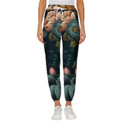 Floral Flower Blossom Turquoise Cropped Drawstring Pants by Ravend