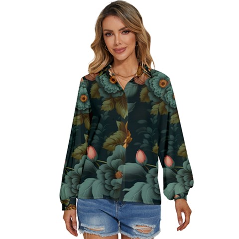 Floral Flower Blossom Turquoise Women s Long Sleeve Button Down Shirt by Ravend