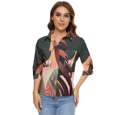 Ai Generated Leaves Foliage Plants Women s Quarter Sleeve Pocket Shirt by Ravend