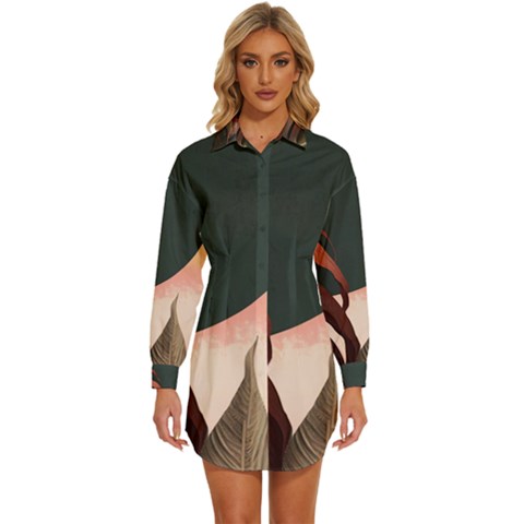 Ai Generated Leaves Foliage Plants Womens Long Sleeve Shirt Dress by Ravend