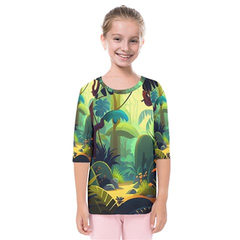 Jungle Rainforest Tropical Forest Kids  Quarter Sleeve Raglan Tee by Ravend