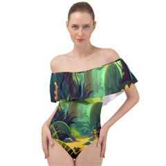 Jungle Rainforest Tropical Forest Off Shoulder Velour Bodysuit  by Ravend