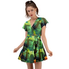 Jungle Rainforest Tropical Forest Flutter Sleeve Wrap Dress by Ravend