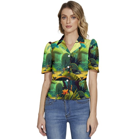 Jungle Rainforest Tropical Forest Puffed Short Sleeve Button Up Jacket by Ravend