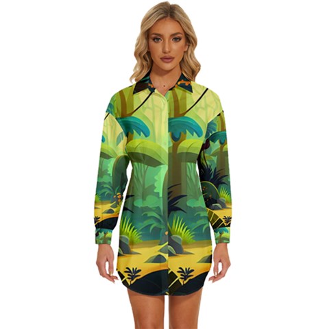 Jungle Rainforest Tropical Forest Womens Long Sleeve Shirt Dress by Ravend