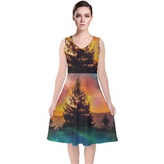 Tree Nature Landscape Fantasy V-neck Midi Sleeveless Dress  by Ravend