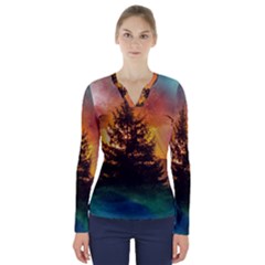 Tree Nature Landscape Fantasy V-neck Long Sleeve Top by Ravend