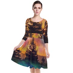 Tree Nature Landscape Fantasy Quarter Sleeve Waist Band Dress by Ravend