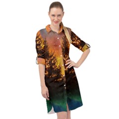 Tree Nature Landscape Fantasy Long Sleeve Mini Shirt Dress by Ravend