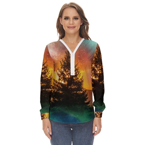 Tree Nature Landscape Fantasy Zip Up Long Sleeve Blouse by Ravend