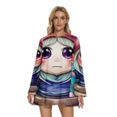 Shroom Mushrooms Round Neck Long Sleeve Bohemian Style Chiffon Mini Dress