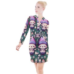 Toadstool Mushrooms Button Long Sleeve Dress by GardenOfOphir