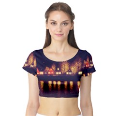 Night Houses River Bokeh Leaves Short Sleeve Crop Top by Ravend