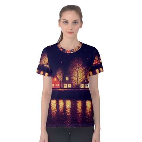 Night Houses River Bokeh Leaves Women s Cotton Tee by Ravend