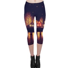 Night Houses River Bokeh Leaves Capri Leggings  by Ravend