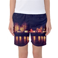 Night Houses River Bokeh Leaves Women s Basketball Shorts by Ravend