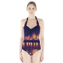 Night Houses River Bokeh Leaves Halter Swimsuit by Ravend