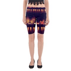 Night Houses River Bokeh Leaves Yoga Cropped Leggings by Ravend