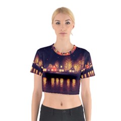 Night Houses River Bokeh Leaves Cotton Crop Top by Ravend