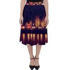 Night Houses River Bokeh Leaves Classic Midi Skirt by Ravend