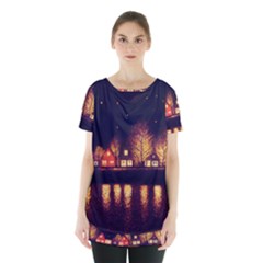 Night Houses River Bokeh Leaves Skirt Hem Sports Top by Ravend