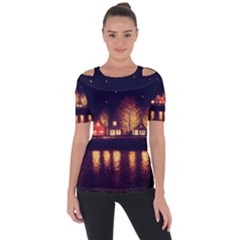 Night Houses River Bokeh Leaves Shoulder Cut Out Short Sleeve Top by Ravend