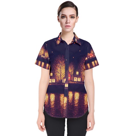 Night Houses River Bokeh Leaves Women s Short Sleeve Shirt by Ravend