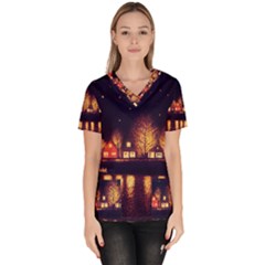 Night Houses River Bokeh Leaves Women s V-neck Scrub Top by Ravend