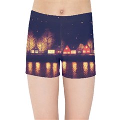 Night Houses River Bokeh Leaves Kids  Sports Shorts by Ravend