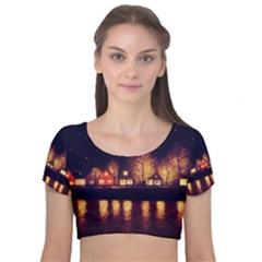 Night Houses River Bokeh Leaves Velvet Short Sleeve Crop Top  by Ravend