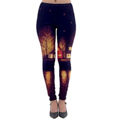 Night Houses River Bokeh Leaves Lightweight Velour Leggings by Ravend