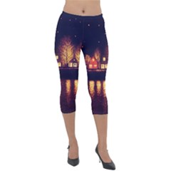 Night Houses River Bokeh Leaves Lightweight Velour Capri Leggings  by Ravend