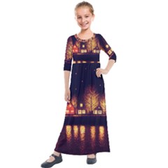 Night Houses River Bokeh Leaves Kids  Quarter Sleeve Maxi Dress by Ravend