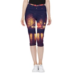 Night Houses River Bokeh Leaves Inside Out Lightweight Velour Capri Leggings  by Ravend