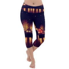 Night Houses River Bokeh Leaves Lightweight Velour Capri Yoga Leggings by Ravend