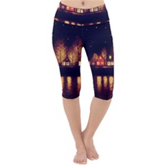 Night Houses River Bokeh Leaves Lightweight Velour Cropped Yoga Leggings by Ravend