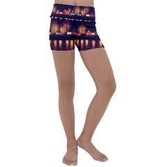 Night Houses River Bokeh Leaves Kids  Lightweight Velour Yoga Shorts by Ravend